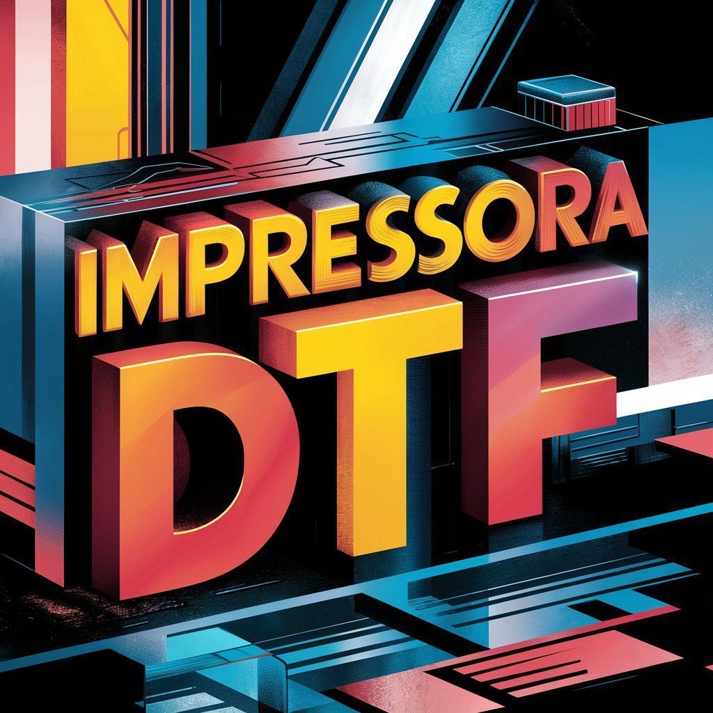 Impressora DTF. Uma ilustração vibrante e cativante com as palavras "Impressora DTF" em letras coloridas e arrojadas. O design é inspirado na tecnologia de impressão digital, com uma mistura de elementos modernos e futuristas. As cores são brilhantes e contrastantes, criando um impacto visual dinâmico. Há uma sensação de inovação e criatividade, reflectindo a essência da tecnologia de ponta.