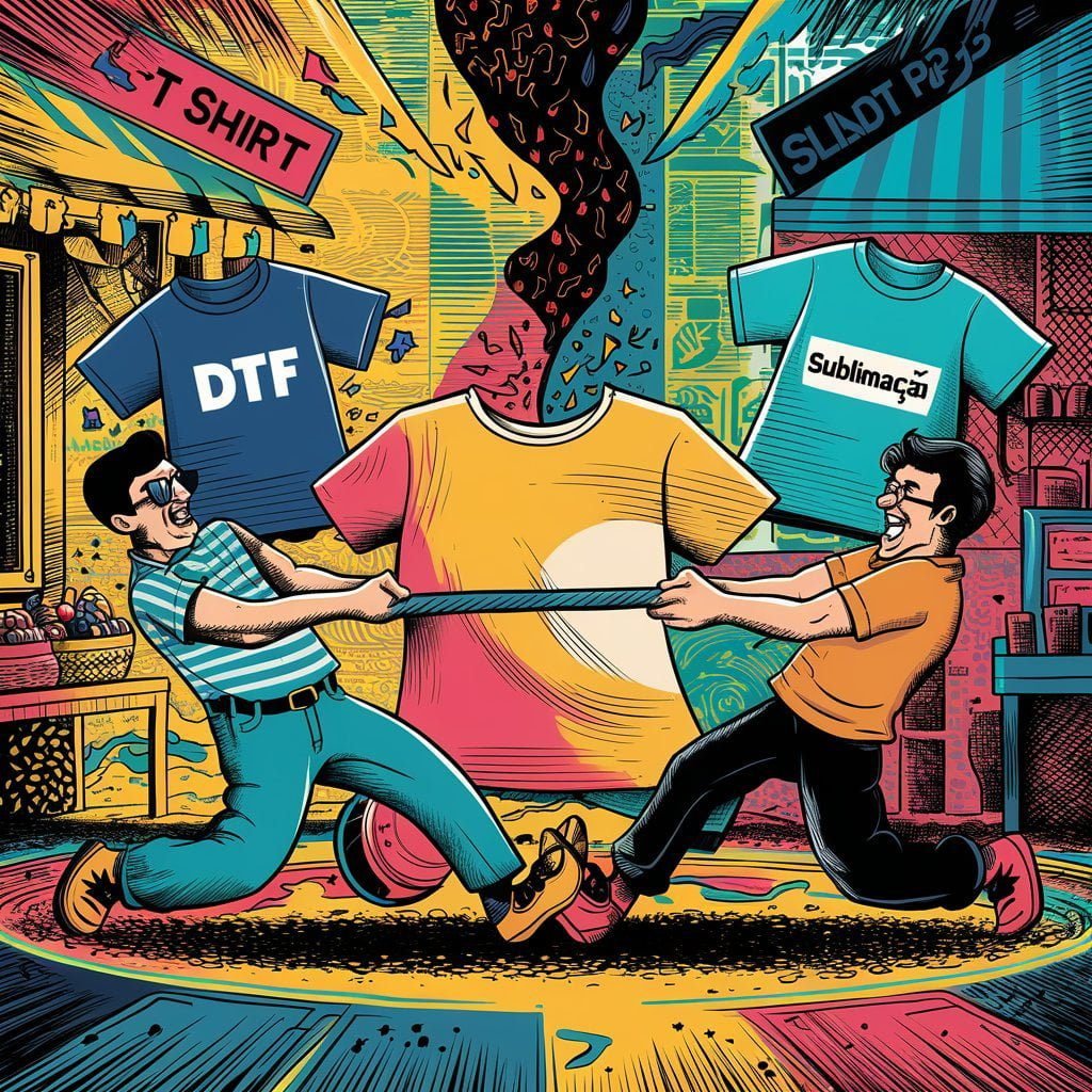 Comparativo DTF vs Sublimação: Qual Técnica É Ideal Para Você? Uma ilustração vibrante que retrata uma competição feroz entre duas marcas de t-shirts, a DTF e a SUBLIMAÇÃO.