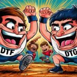 Qual é melhor, dtf ou dtg? Uma ilustração vibrante e enérgica que representa uma competição animada entre duas personagens habilidosas, DTF e DTG. As personagens são retratadas com expressões faciais exageradas e poses dinâmicas, mostrando o seu talento e determinação. O fundo está cheio de cor e energia, com uma multidão animada a aplaudir os concorrentes.