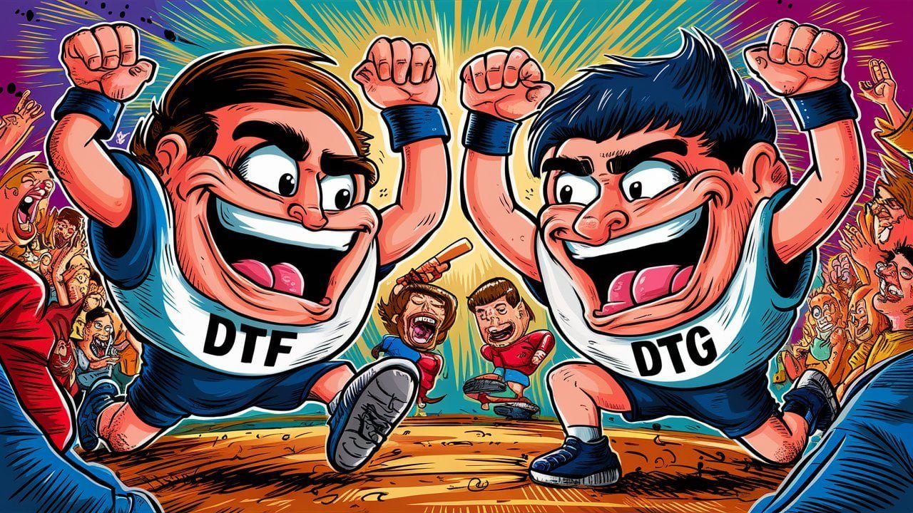 Qual é melhor, dtf ou dtg? Uma ilustração vibrante e enérgica que representa uma competição animada entre duas personagens habilidosas, DTF e DTG. As personagens são retratadas com expressões faciais exageradas e poses dinâmicas, mostrando o seu talento e determinação. O fundo está cheio de cor e energia, com uma multidão animada a aplaudir os concorrentes.