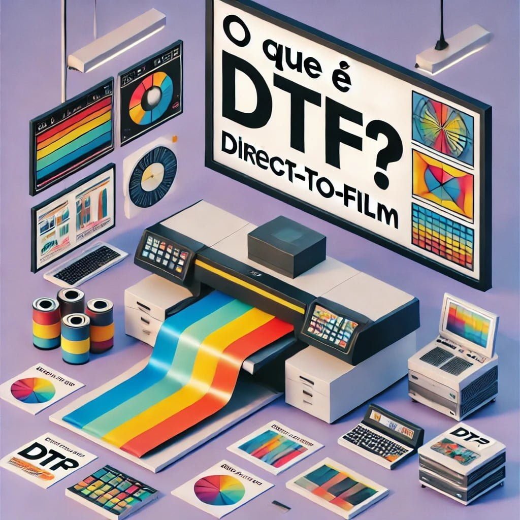 Um quadro na parede escrito: O que é DTF? uma impressa embaixo imprimindo varias cores