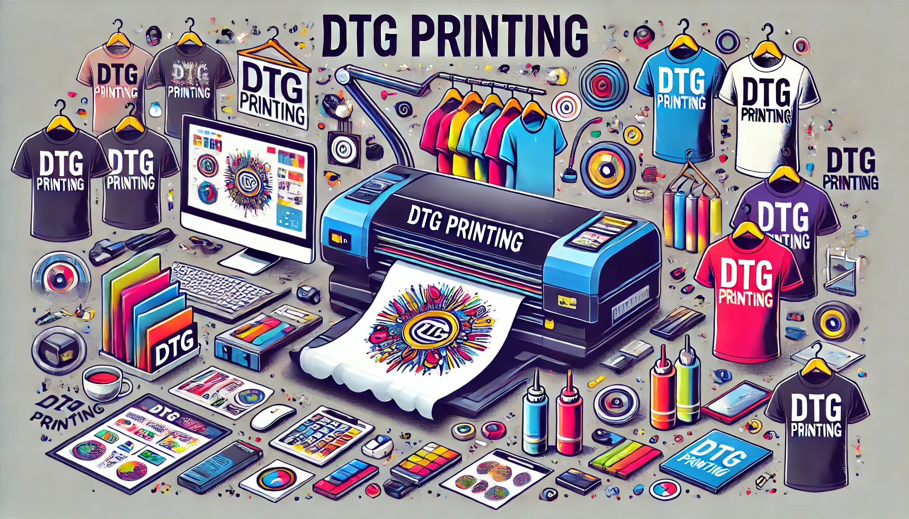 Impressão DTG ilustração moderna e informativa que destaque o tema "Impressão DTG" (Direct to Garment). A imagem deve mostrar uma impressora DTG em ação, imprimindo um design colorido e detalhado em uma camiseta. Inclua elementos que representem a tecnologia de ponta, como um computador conectado à impressora, e várias camisetas personalizadas exibidas ao fundo. Adicione o título "Impressão DTG" em destaque, em uma fonte clara e atrativa. Use cores vibrantes para chamar a atenção e transmitir a ideia de inovação e qualidade superior na impressão de roupas personalizadas.