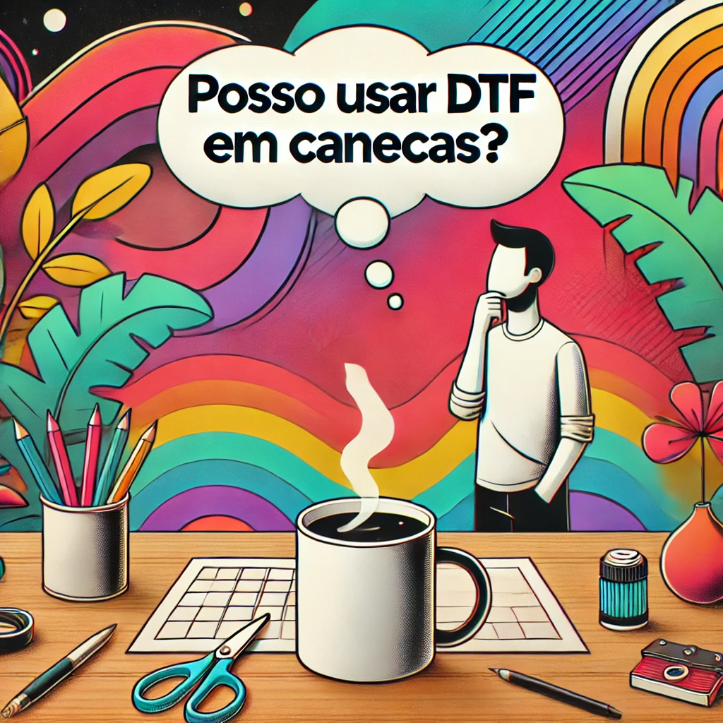 Posso usar dtf em canecas? Uma cena ilustrativa de espaço de trabalho criativo com uma caneca centralizada em uma mesa de madeira, com um fundo colorido abstrato vibrante. Ao lado da caneca, uma pessoa está de pé, retratada em uma pose pensativa, com um balão de pensamento acima da cabeça contendo o texto: 'Posso usar DTF em canecas?', proporção de tela quadrada