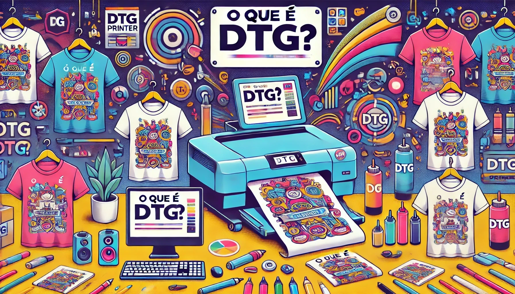 O que é DTG? ilustração vibrante e informativa sobre "O que é DTG?". Ela destaca uma impressora DTG em ação, imprimindo um design colorido em uma camiseta, com um computador conectado à impressora e algumas camisetas personalizadas ao fundo. O título "O que é DTG?" está em uma fonte clara e legível, com cores atraentes para chamar a atenção. A imagem transmite inovação e a qualidade superior das impressões DTG.