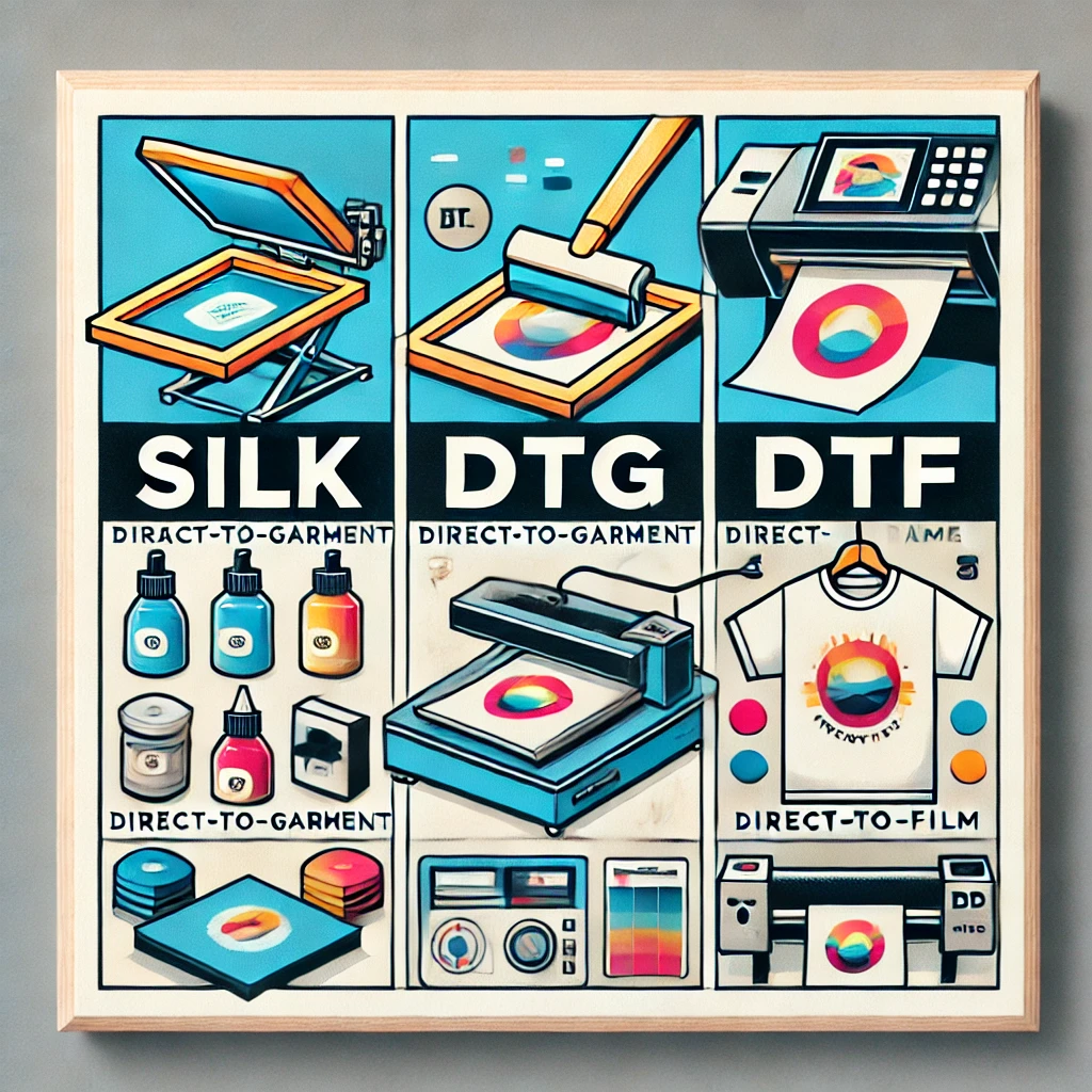 DTF, SILK OU DTG: QUAL É A MELHOR OPÇÃO? Uma imagem ilustrativa que compara três técnicas de impressão: SILK, DTG e DTF. A imagem deve ter um layout dividido em três seções cada uma destacando a técnica específica., proporção de tela quadrada