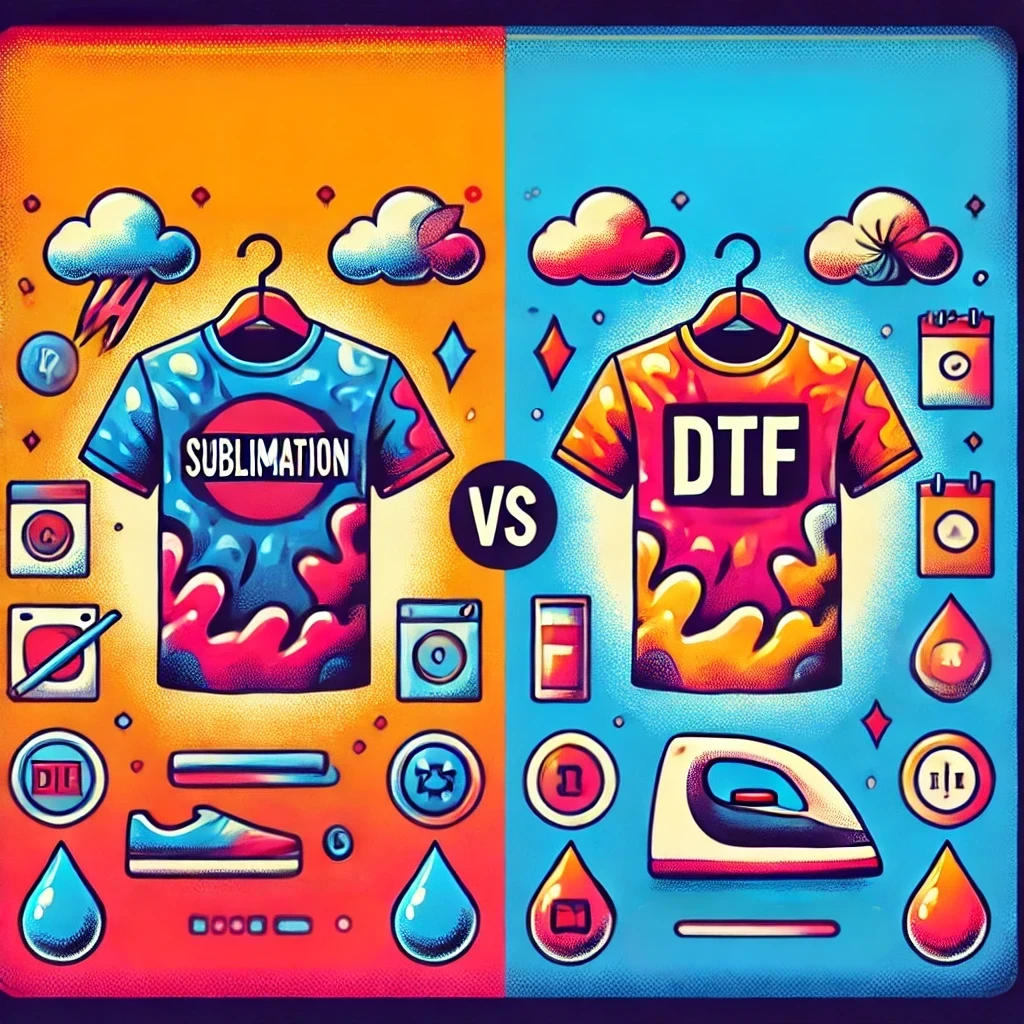 A sublimação ou DTF duram mais tempo? uma ilustração que compare a durabilidade das técnicas de impressão por sublimação e por DTF. A imagem deve apresentar duas t-shirts, uma com a etiqueta "Sublimação" e a outra "DTF", destacando os materiais utilizados, a vivacidade das cores e as diferenças nos tipos de tecido. O fundo deve incluir símbolos de lavagem e instruções de conservação para realçar o impacto na durabilidade. Certifique-se de que a imagem é vibrante e visualmente informativa, ajudando os espectadores a compreender os pontos-chave da comparação