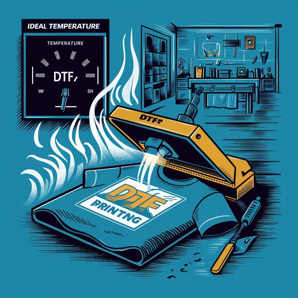 Qual a temperatura para DTF? Uma ilustração que mostra as definições de temperatura ideais para a impressão DTF (Direct-to-Film). Representar um painel de controlo digital da temperatura definido para o intervalo de temperatura ideal para a impressão DTF. Incluir elementos como uma máquina de prensa térmica a aplicar uma impressão DTF a uma T-shirt, com vapor e ondas de calor para realçar o processo de aquecimento. Em segundo plano, mostrar um ambiente de oficina ou estúdio com equipamento e ferramentas relevantes para a impressão DTF Traduzido com a versão gratuita do tradutor - DeepL.com