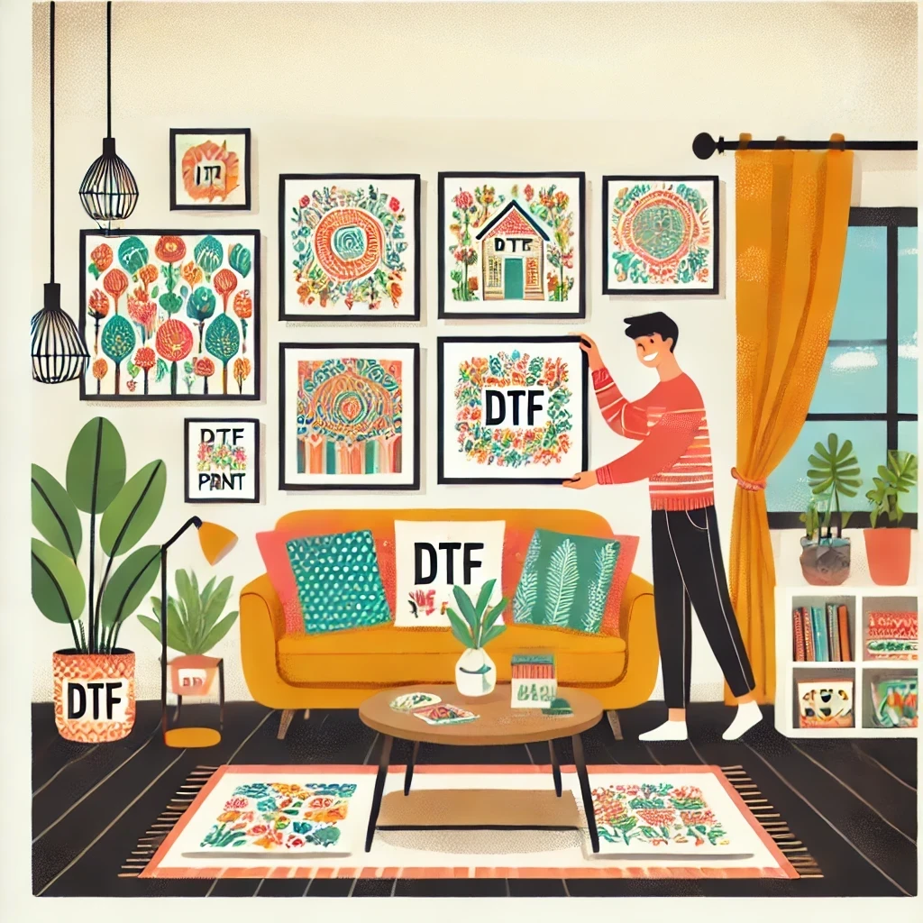 DTF em Decoração: uma casa com quadros, sofá com almoçadas personalizadas com DTF