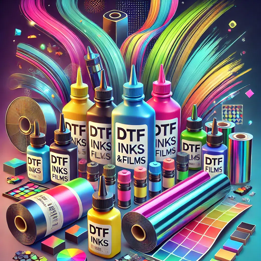 Novas Tintas e Filmes DTF no Mercado. embalagem com várias cores de tintas e papel para DTF