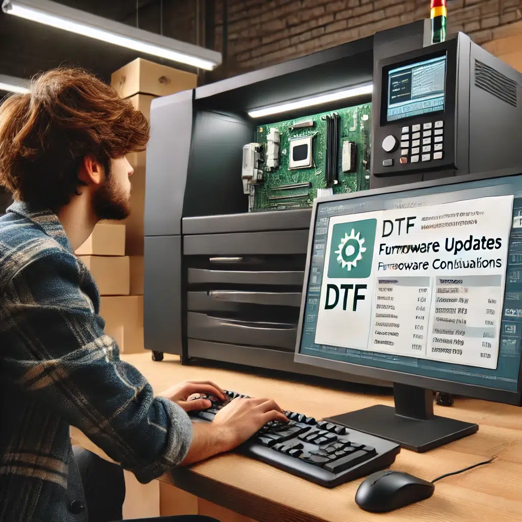 Técnico atualizando o software e drivers de um equipamento DTF para garantir eficiência.