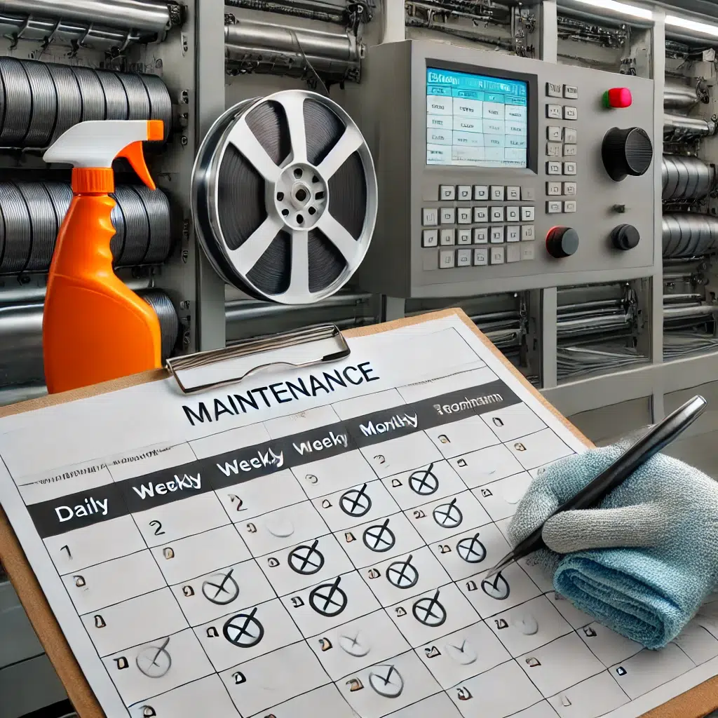 Calendário técnico marcando manutenções diárias, semanais e mensais de um equipamento DTF.