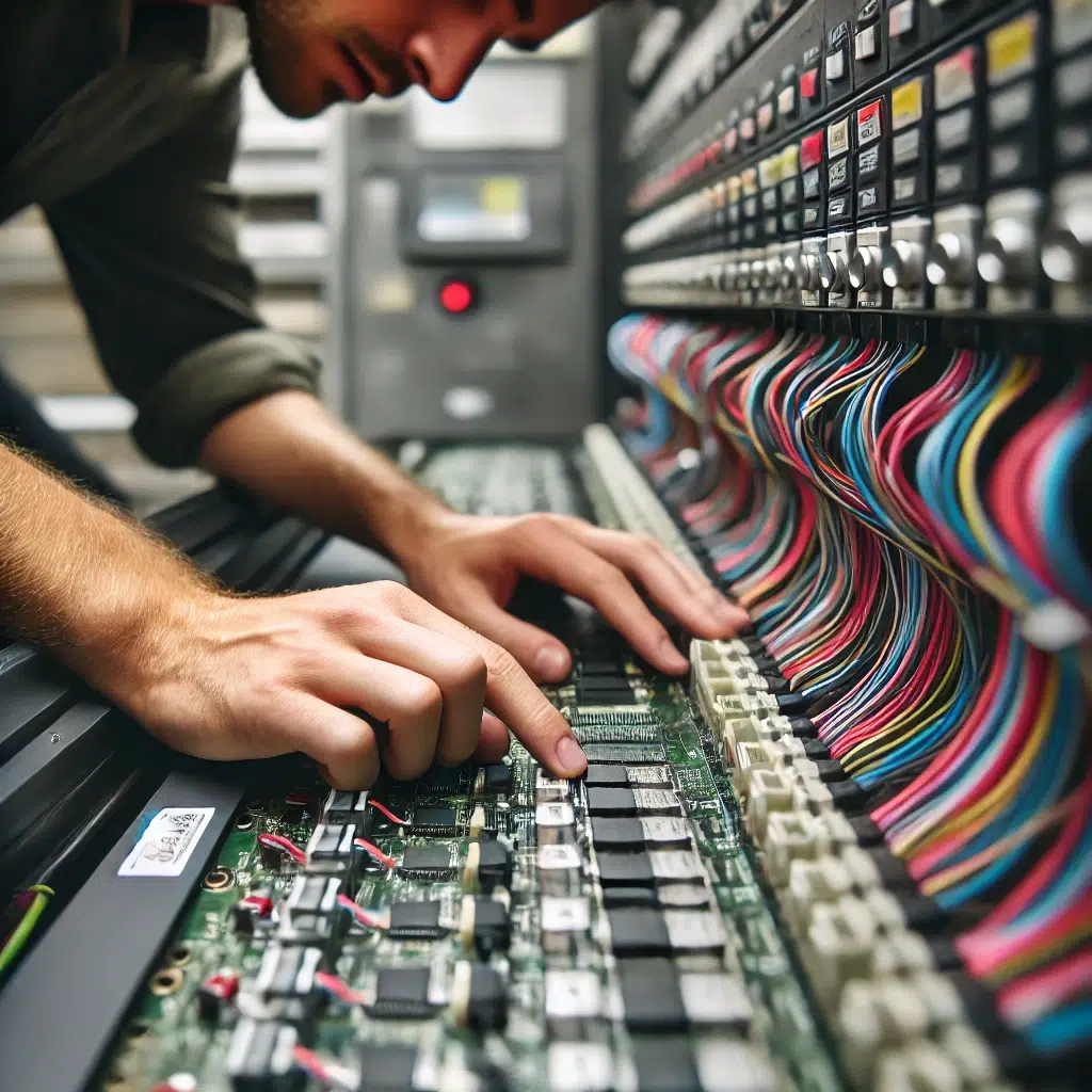 Técnico verificando cabos e componentes de um equipamento DTF durante uma inspeção visual diária.