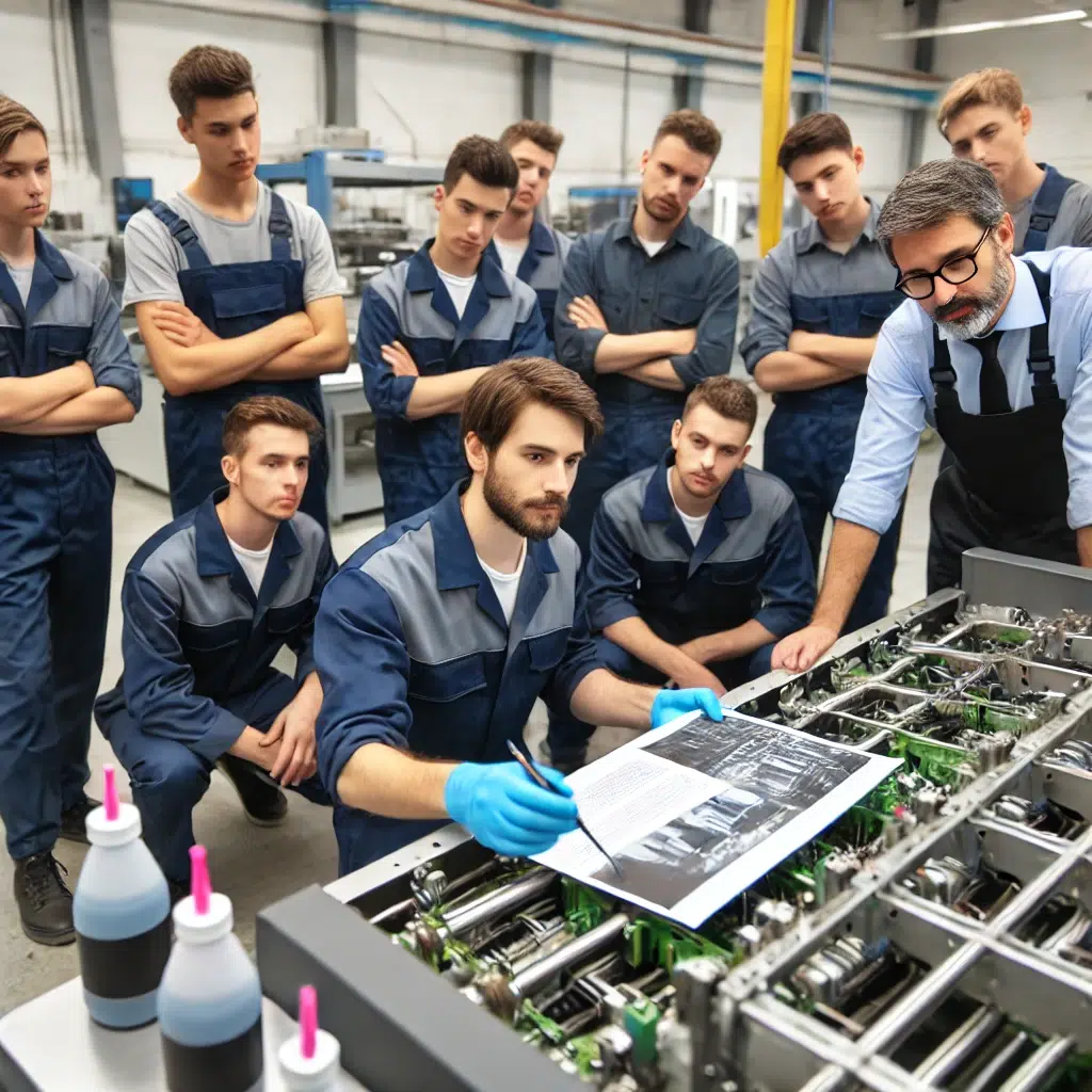 Equipe de técnicos assistindo a uma demonstração de manutenção de equipamentos DTF em um treinamento.