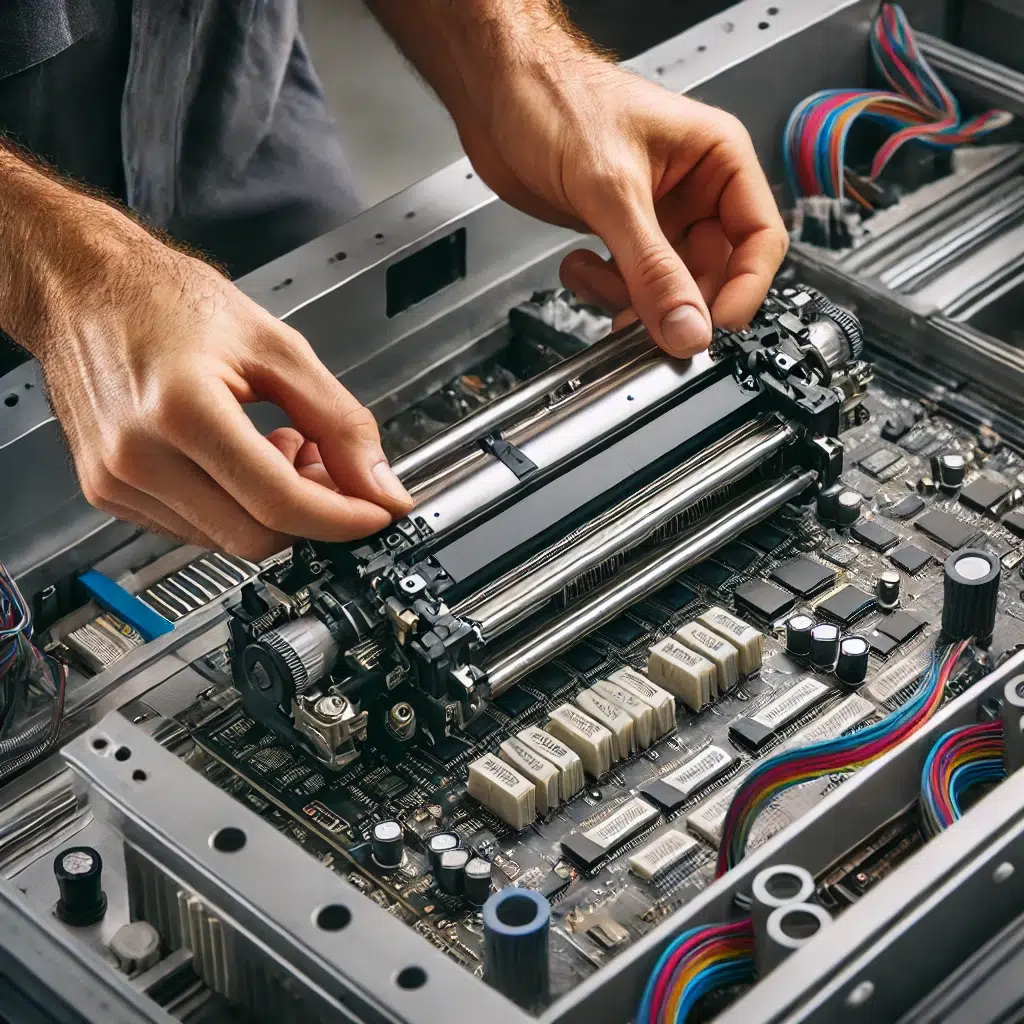 Técnico substituindo os cabeçotes de impressão de um equipamento DTF durante manutenção.