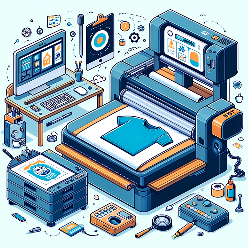 Imagem detalhando o processo de impressão DTF, mostrando desde a criação do design em um software, até a transferência do filme para o tecido usando uma prensa térmica.