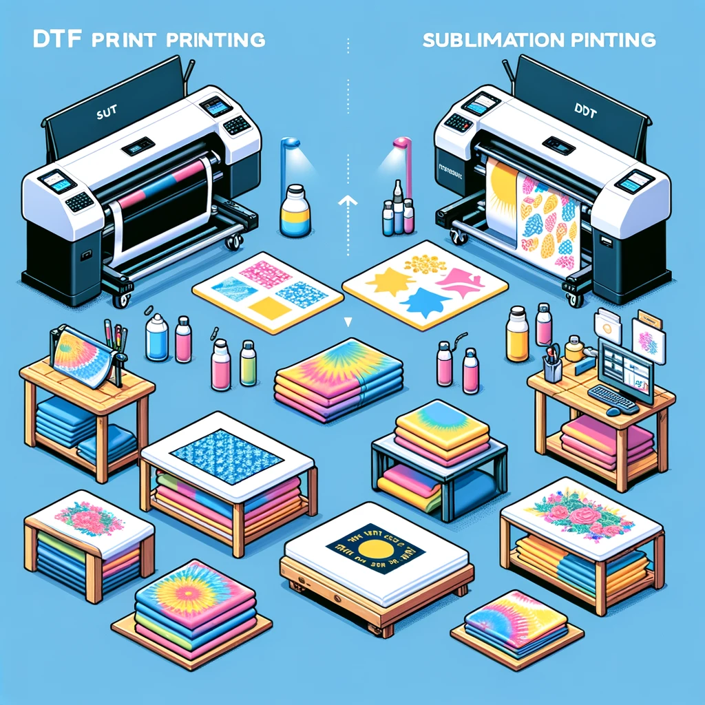 Imagem detalhando o processo de impressão DTF, mostrando desde a criação do design em um software, até a transferência do filme para o tecido usando uma prensa térmica.