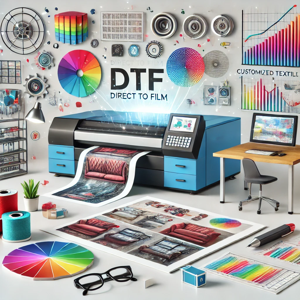 Imagem ilustrando o conceito de DTF (Direct to Film) com uma impressora avançada, filmes coloridos e tecidos personalizados, destacando a tecnologia de impressão têxtil.